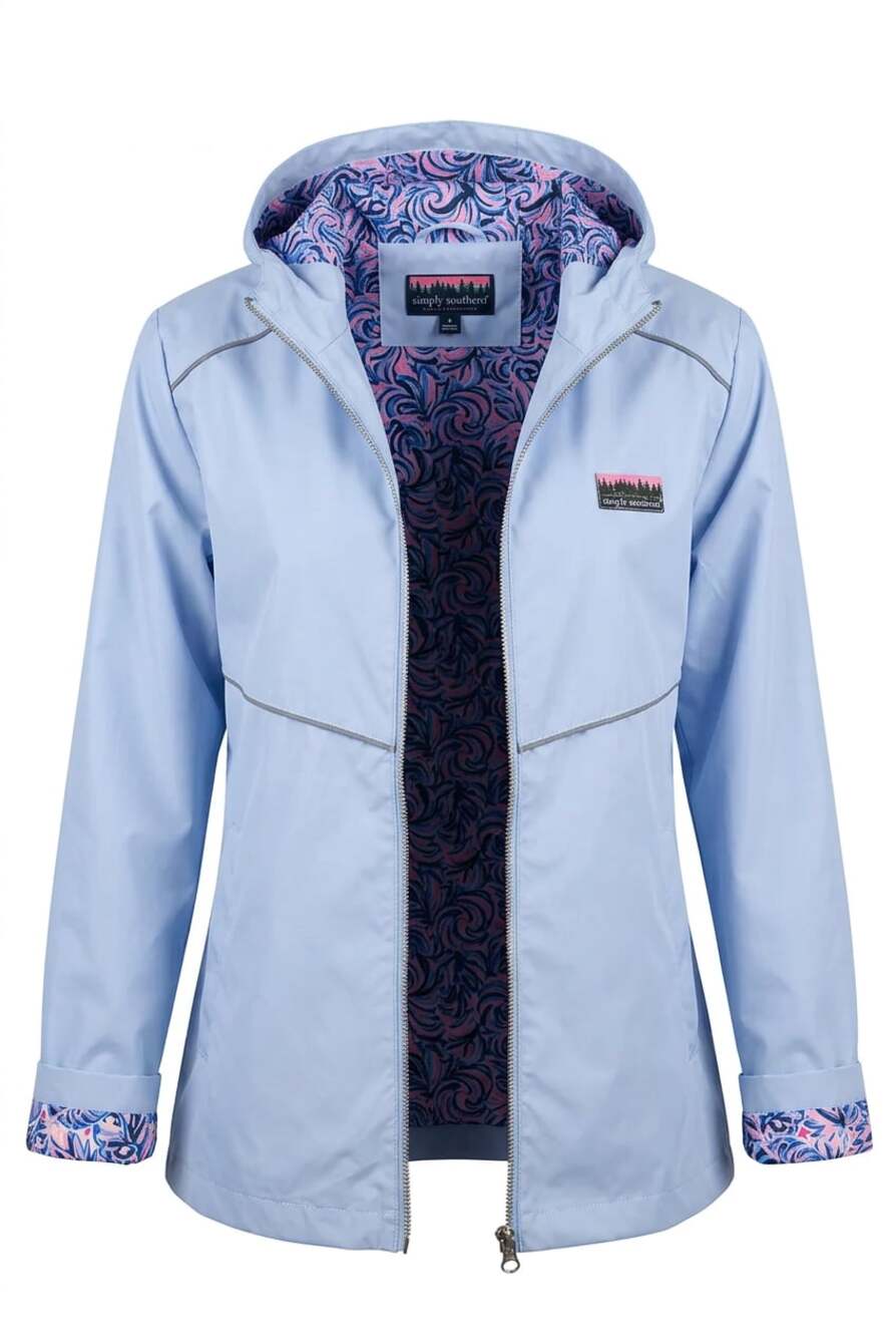 Simply Southern Women's Light Blue Lined Waterproof Hooded Rain Jacket Size S